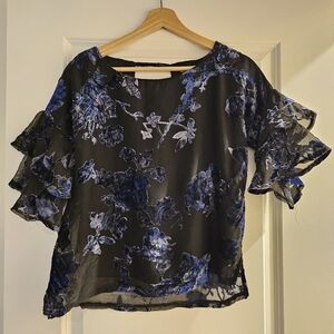 Lily White Black Blue Velvet Top  Floral Blouse Ruffled Sleeves